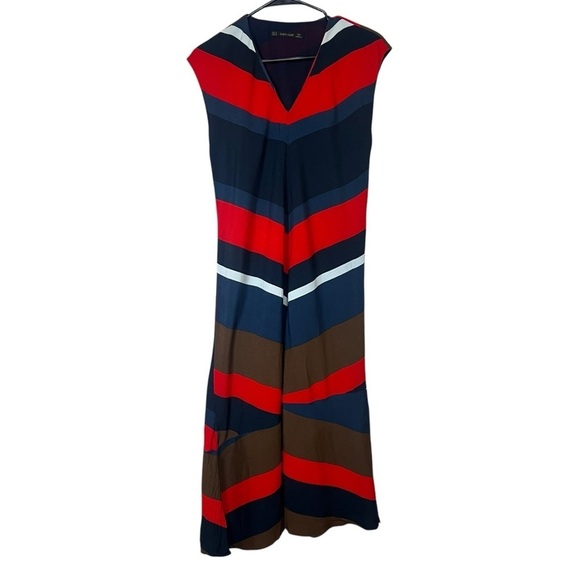 Zara Basic Mod Striped Midi Dress V-Neck Red Navy Fit Flare Long Size Medium - Picture 4 of 8